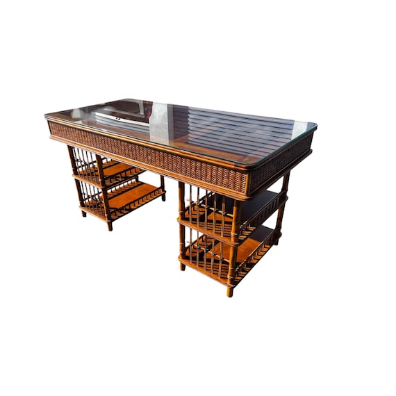 Tommy Bahama British Colonial Bamboo and Rattan Desk with glass top