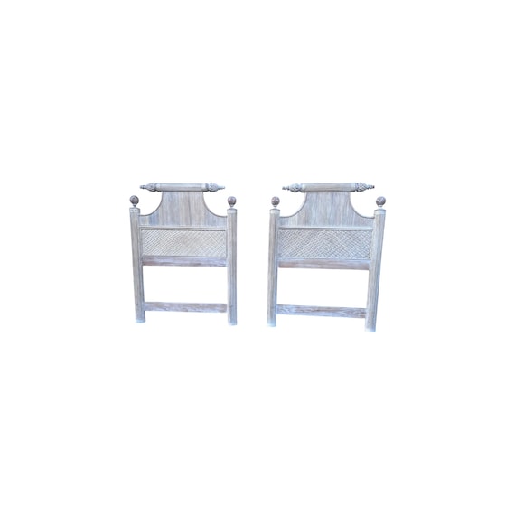 Pair of Pencil Reed bamboo pagoda twin Headboards White Washed.