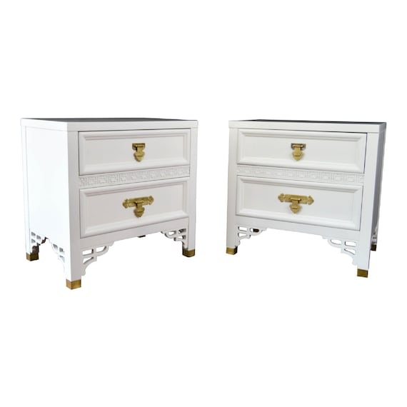 SOLD Dixie Shangri-La Nightstands Chinoserie Fretwork   A Pair