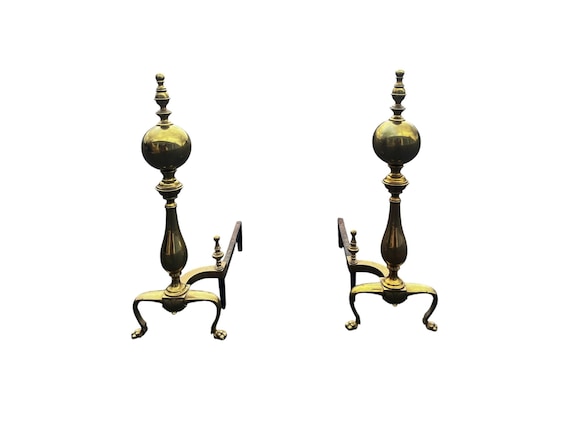 Pair Chippendale Style Cannonball Brass Fireplace Andirons