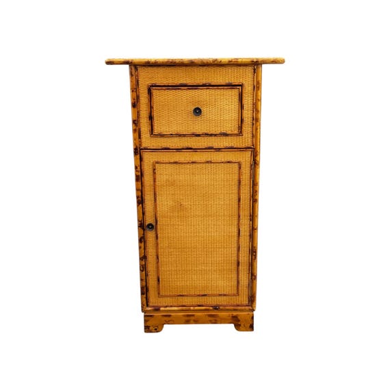 Vintage Burnt bamboo tortoise shell cabinet with tray handles