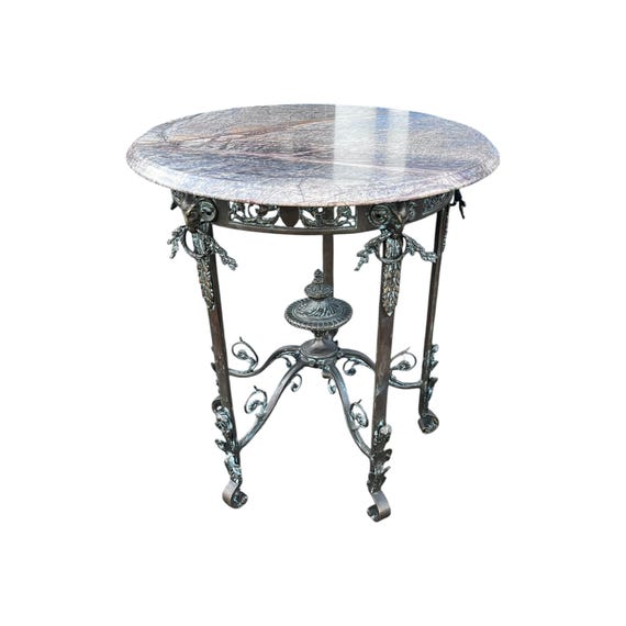 Antique French Louis XIV Style Bronze & Marble Round End Table