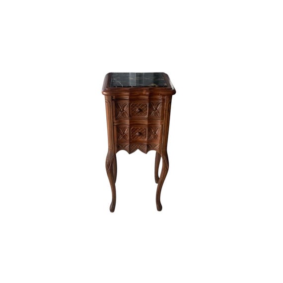 Antique French Bedside Table Walnut Marble Top Accent Table 2 Drawers Hand Carved