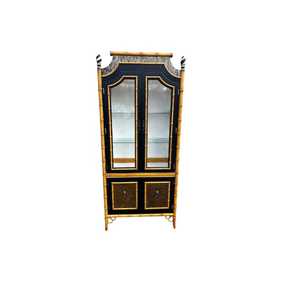 Thomasville Allegro  Fretwork Faux Bamboo China Cabinet Hollywood Regency Chippendale