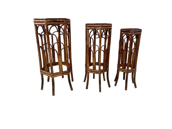 Vintage Boho Burnt   Tortoise Bamboo Plant Stands lot of 3