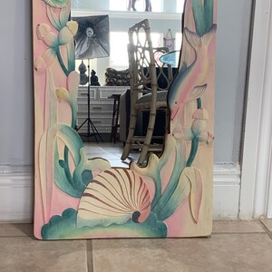 Hand Carved Wood Wall Mirror Dolphin, seahorse and shell flowers cottage coastal chic 39" H afbeelding 6