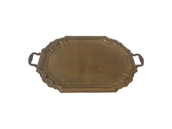 Vintage Carved Brass Gallery Serving Tray Handles Decorative Crafts 26"