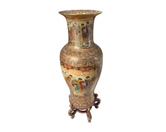 Royal Satsuma Large Floor Vase 46.5" with Geishas and floral motif.