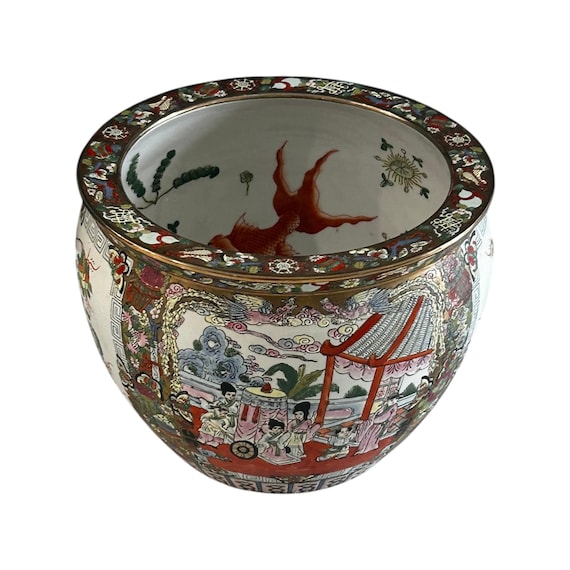 Vintage Satsuma style Chinese Porcelain / Royal Court Tall Koi Fish Bowl 12"