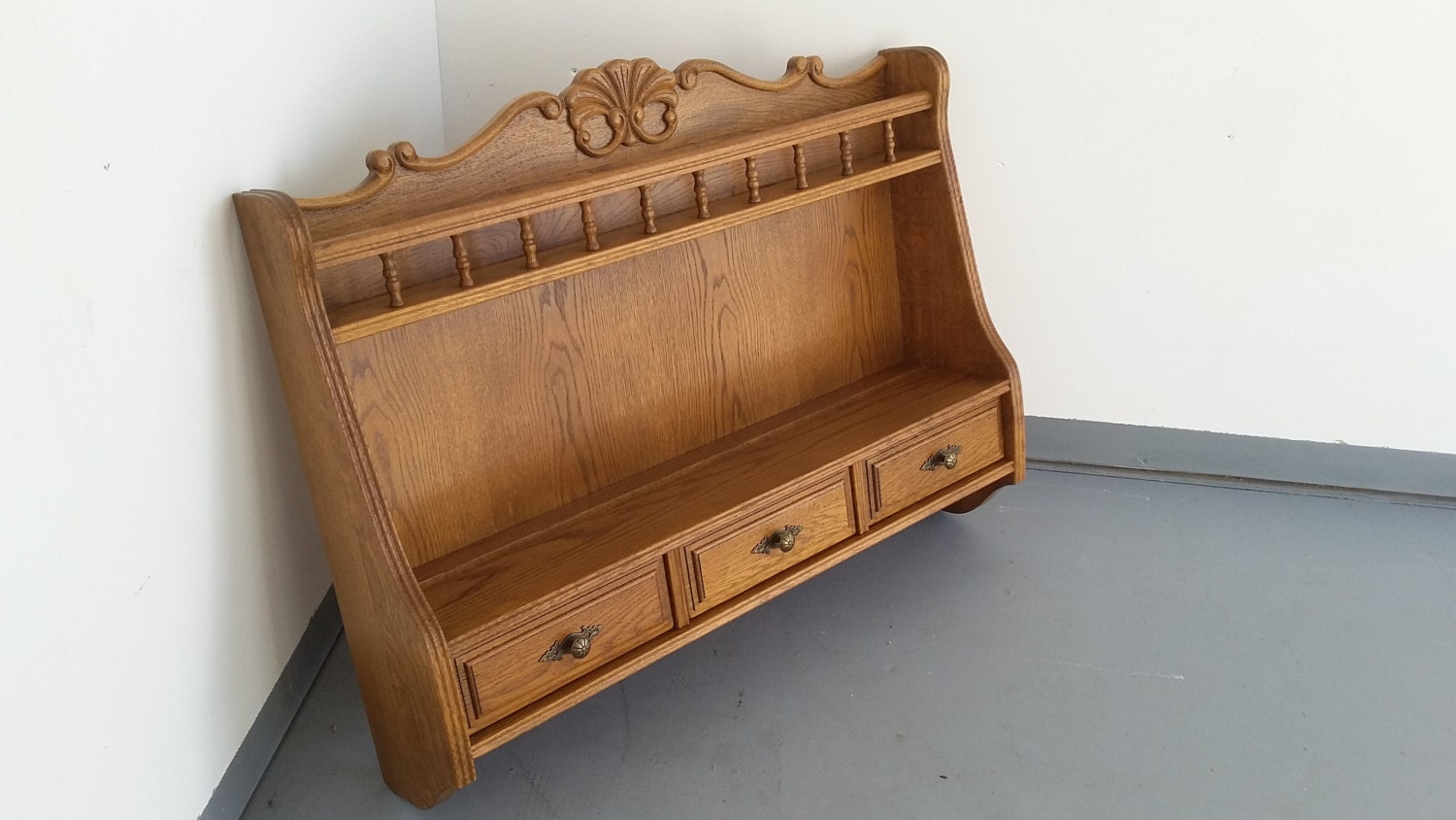 Wooden Decorative Wall Shelf with Gallery Rail, 4 Mug Pegs, and 3 drawers, Wall Hanger,Shelves