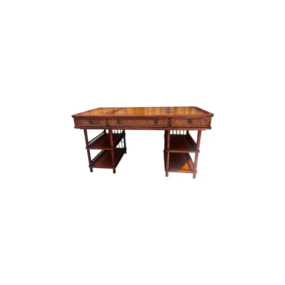 Tommy Bahama Style British Colonial Bambo Woven Rattan Desk w/ Leather insert #3