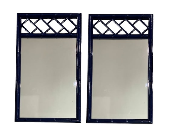 Faux Bamboo Navy Blue Chinoiserie Chippendale Palm Beach Aloha Wall mirrors pair