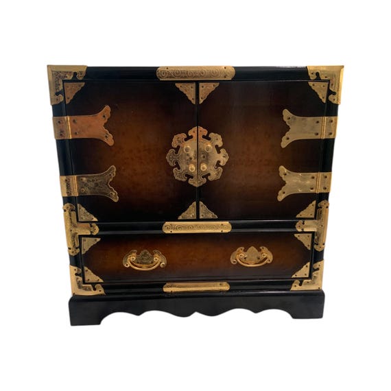 Korean Tansu Style Burl Wood Jewelry Cabinet Chest