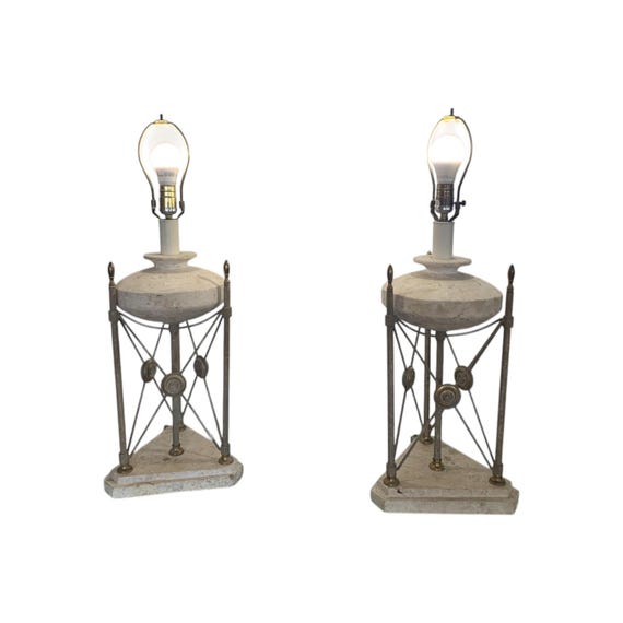 Maitland Smith Style Neoclassical Style Vintage Pair of Travertine Table Lamps