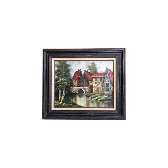 Vintage Oil Painting On Canvas Bridge Italian Country Scene Signed Landscape