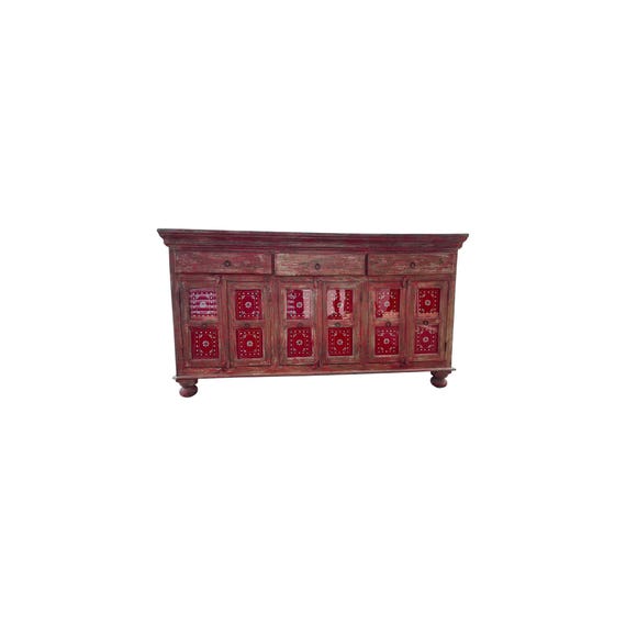 Vintage Indian Red Rustic Accent Distressed Reclaimed Cabinet Buffet Sideboard