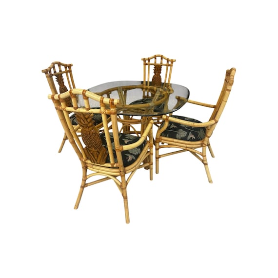 Vintage Tropical Regency Rattan Pineapple Dining Set in the style of Palecek