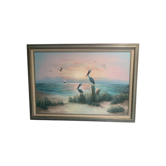 W. Dawson Impressionist Florida Seascape With Pelican Oil on Canvas Painting