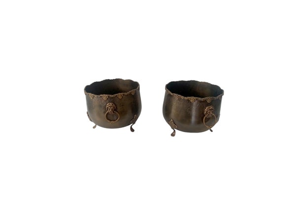 Vintage pair Brass Planters with Lion Head and feet ornated and carved H 10"