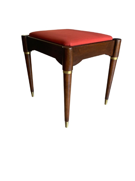 Mid Century Modern Walnut Stool With Fluted Tapered Legs and Storage