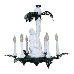 May include: A white monkey chandelier with a green palm tree canopy and six white candle-style light bulbs.