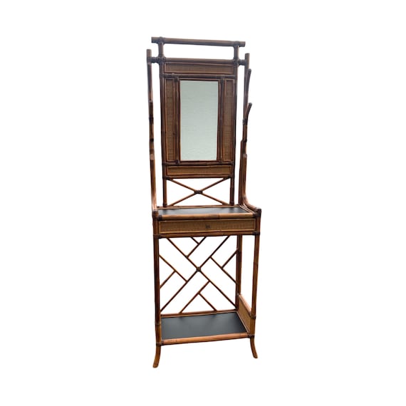 Maitland -Smith English Style Burnt Bamboo & Grasscloth Hall Tree / Coat Rack