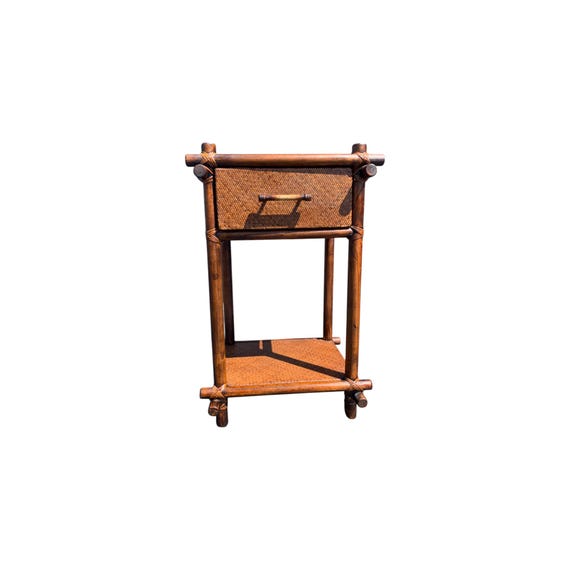 Vintage bamboo and rattan end table single drawer