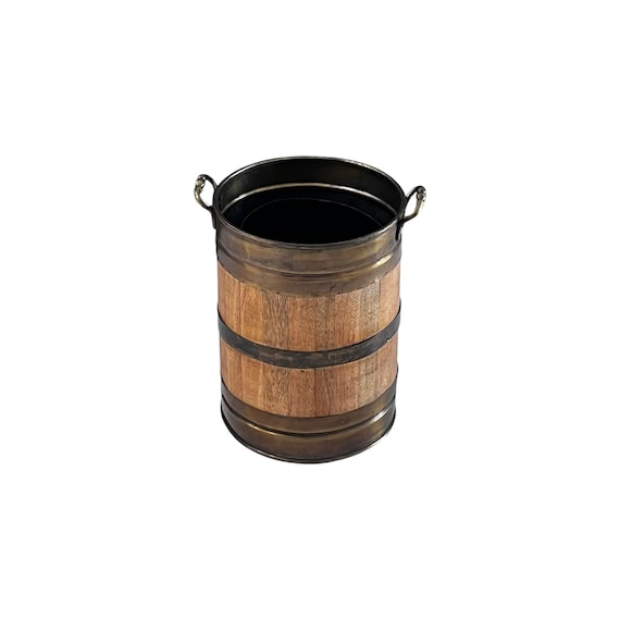 Vintage Bound Wooden bucket planter with brass trim