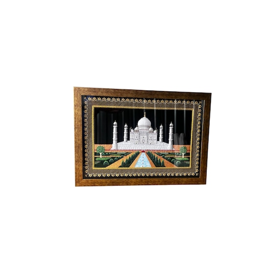 Zardozi Kashmir Taj Mahal Gold Carved Wall Panel w/ Precious Embroidery Thread framed
