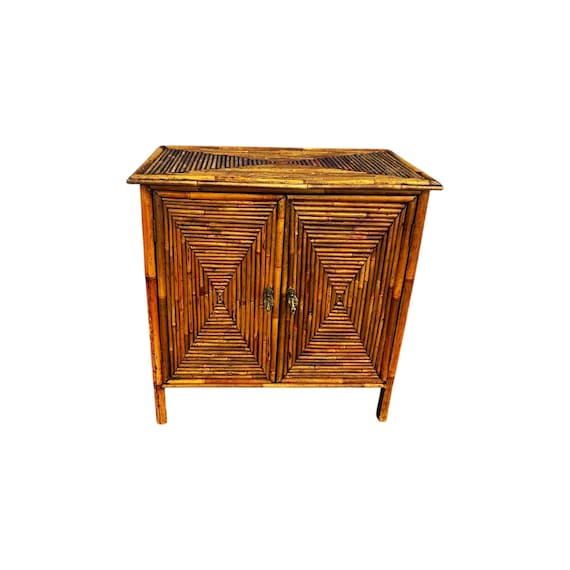 Vintage Split Bamboo & Rattan Two-Door Accent Cabinet Pencil Reed