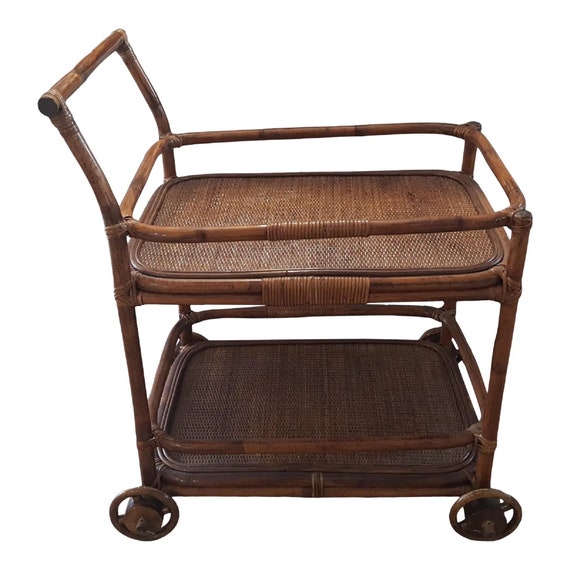 Vintage Bamboo Rattan and Wooden bar cart trolley 2 tier