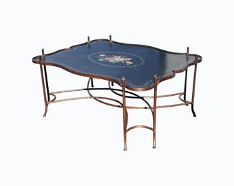 Vintage Gilded Iron Faux Bois Coffee Table with Tole Floral Painted Tray Style Top