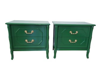 Nightstand Faux Bamboo Broyhill Hollywood Regency Glossy Green Palm Beach a Pair