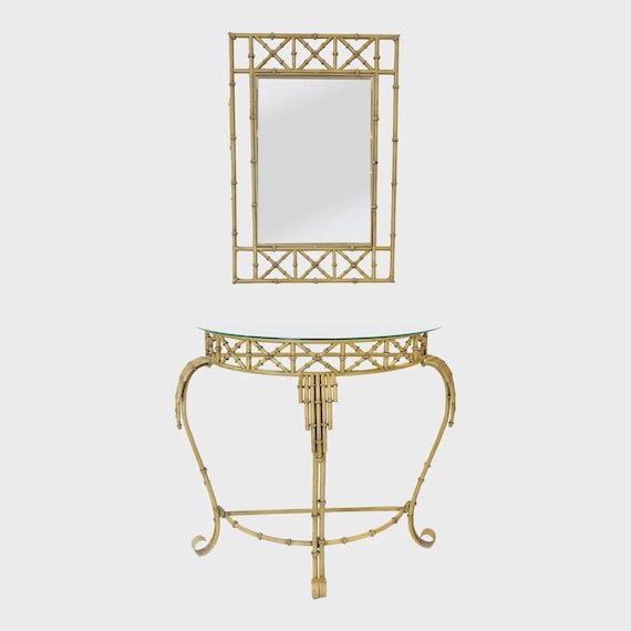 Hollywood Regency Faux Bamboo Demilune Entry Console Table with Mirror