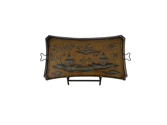 Vintage cast iron tray with calw feet and crackled hand painted designs /stand
