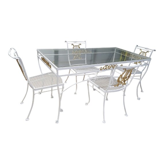 Vintage Woodard Furniture Co.  Wrought Iron and Aluminum Dining Set with Lyre Back Chairs White and Gold