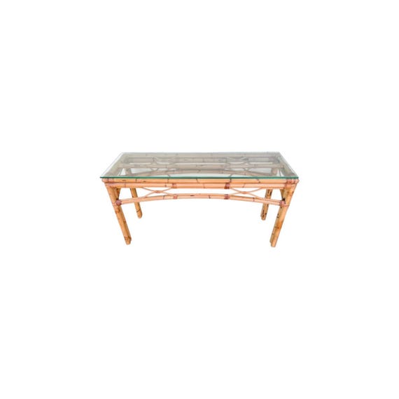 Rattan Burnt Bamboo Console Sofa Rattan Table Vintage Hollywood Regency Palm Beach