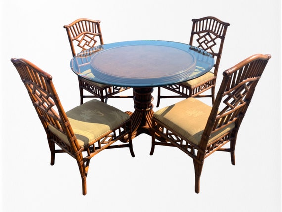 Vintage Lexington Rattan Dining Round Bistro dining Table set with 54" glass