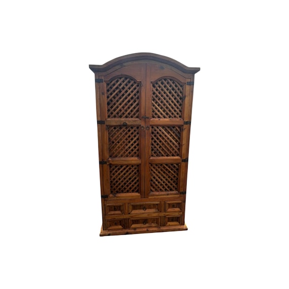 Vintage Solid Pine Lattice Cupboard or Cabinet, Wine Rack Farmhouse Rustic decor