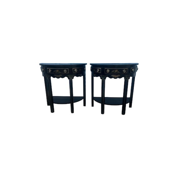 Pair of Regency Style Chinoiserie Decorated Demilune Consoles by Thomasville