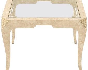 Tessellated Stone Brass Inlay Rectangular Side Table Glass Top Maitland Smith