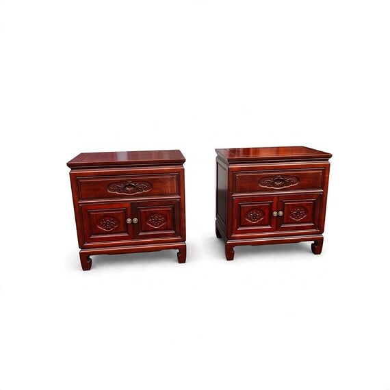 Vintage Solid Rosewood Oriental Nightstands a pair