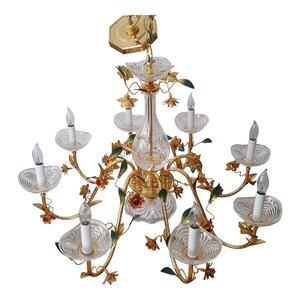 Vintage Italian Brass  with Flowers and Etched Glass Chandelier  8 arms