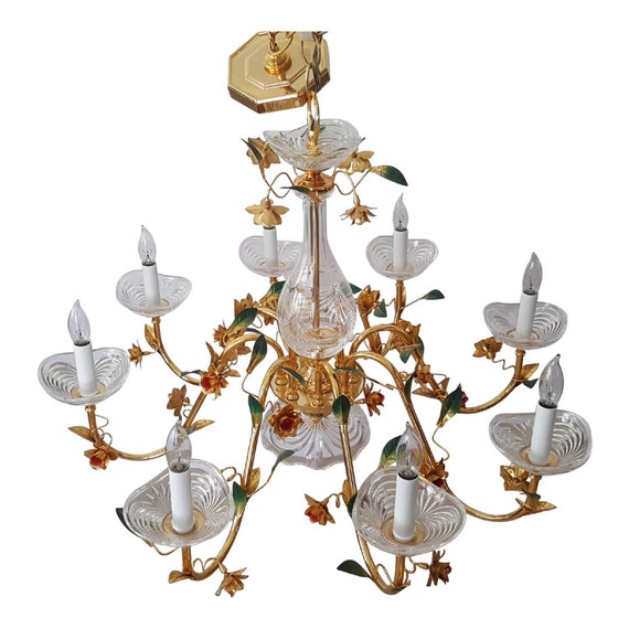 Vintage Italian Brass  with Flowers and Etched Glass Chandelier  8 arms