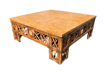 Vintage Bamboo & Rattan Chinoiserie Fretwork Faux Marble Top Coffee Table