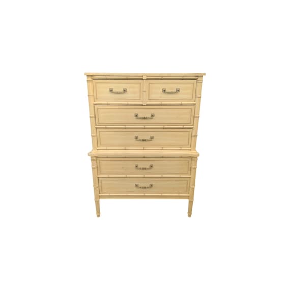 Henry Link Bali Hai Tallboy Dresser - 1970s Vintage Two Tier Faux Bamboo Chest of 5 Drawers Hollywood Regency