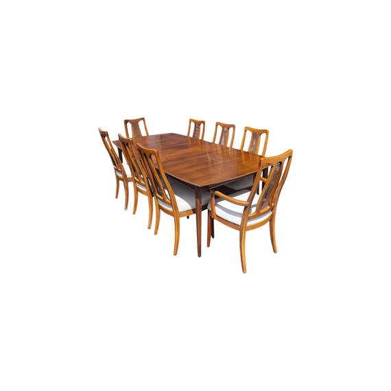 The Halle Bros Mid Century Modern Walnut Cane Back Dining Room Set 8 chairs