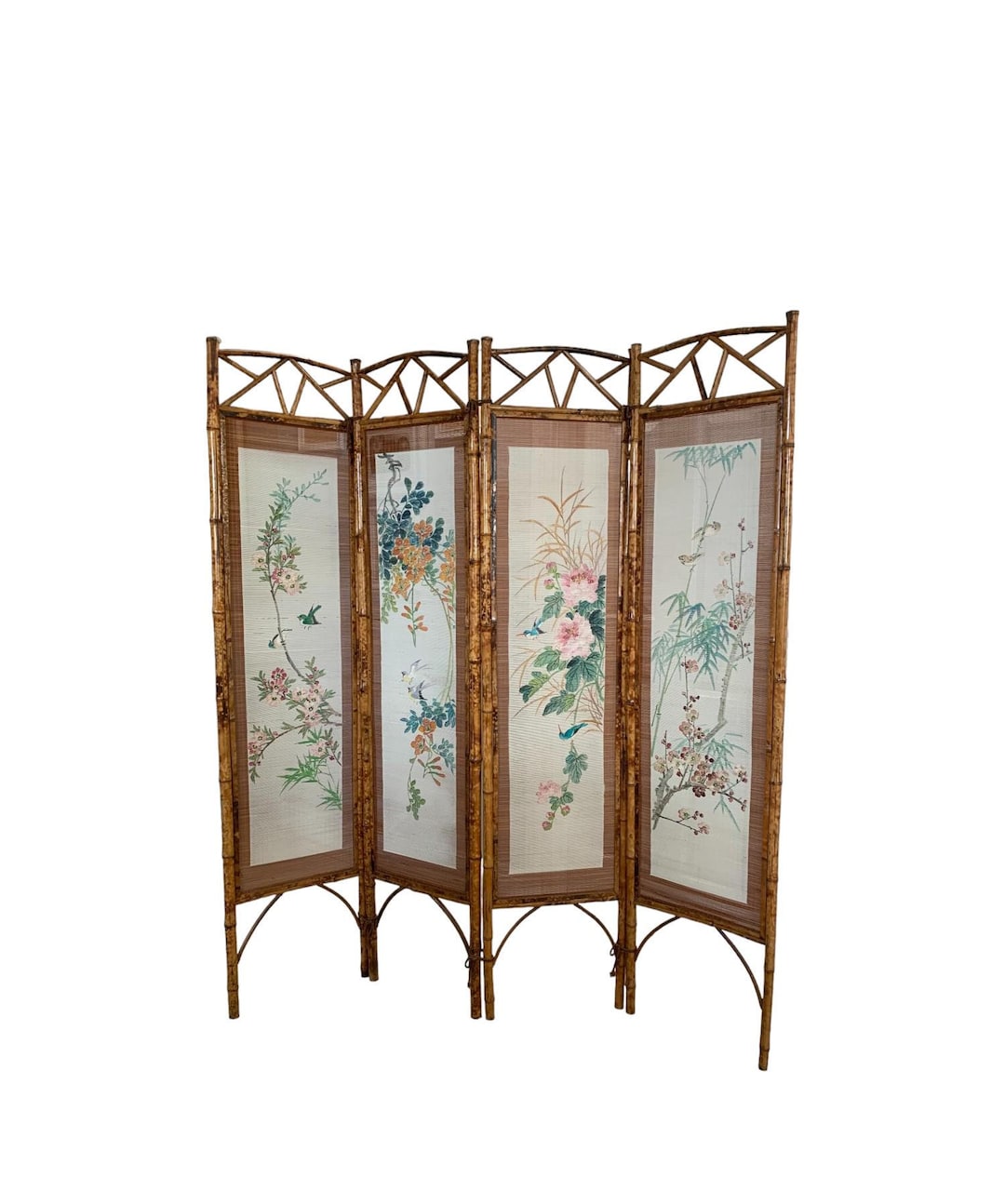 Hand Painted 4 Panel Burnt Rattan Chinese Folding Screen - Etsy