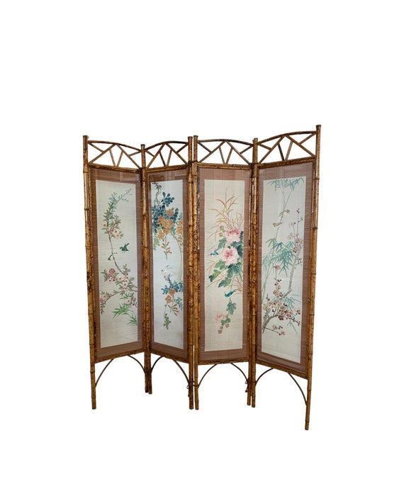 Hand Painted 4 Panel Burnt Rattan Chinese Folding Screen