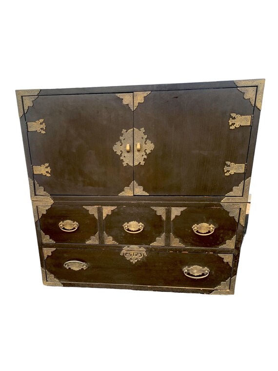Vintage THOMASVILLE Chinoiserie Black Campaign Chest Double Door